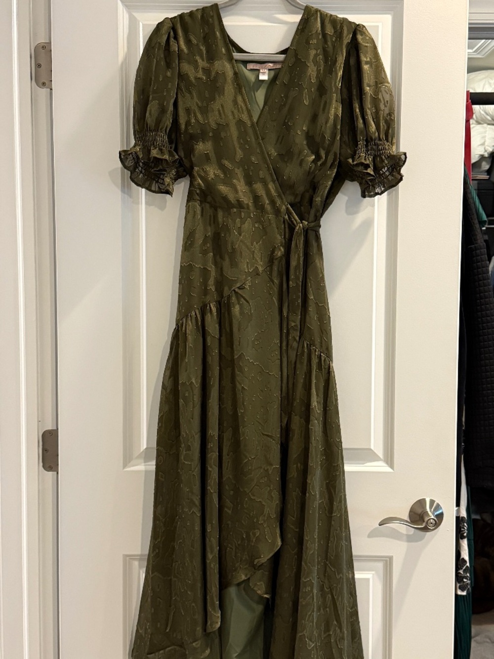 Anthropologie Hutch Flocked Textured High-Lo Wrap Dress, Olive size M